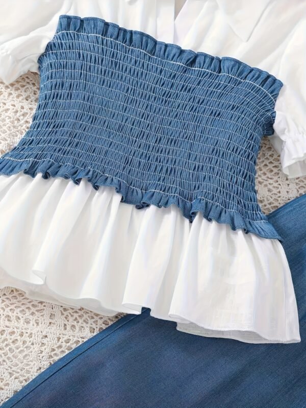 1b2cb641-3024-48fc-8b9a-6999813ef407.jpg Girls' Spring & Summer Bubble Sleeve Collared Top and Wide-Leg Pants 2-Piece Set
