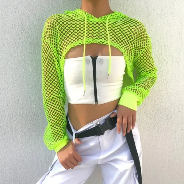Hot Women t shirt Casual Vest Bra Cover Fish Net Hollow out Drawstring Micro Length Hoodie Crop Tanks Top Oversize Women t shirt