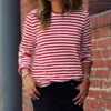 Dourbesty Women Red White Striped Long Sleeve T-Shirts Loose Casual Shirt Female Basic O-Neck Tops Tee Autumn Pullovers New