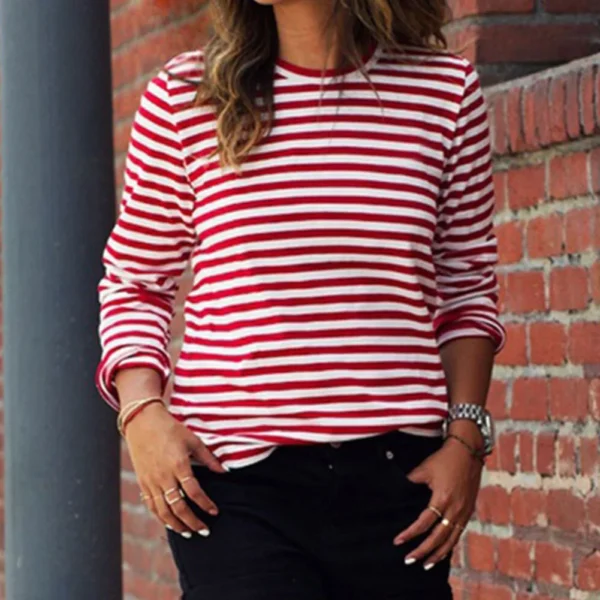 Dourbesty Women Red White Striped Long Sleeve T-Shirts Loose Casual Shirt Female Basic O-Neck Tops Tee Autumn Pullovers New