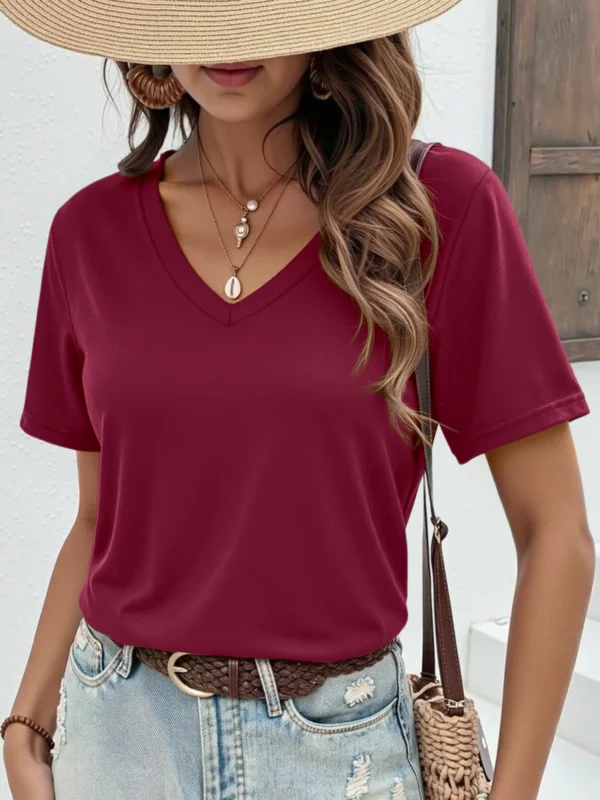 S01b596d52535420493555e60786a388dF.webp Soft V Neck Short Sleeve T-Shirt, Breathable Stretchy Basic Tee for Women, Casual Summer Wardrobe Essential Blouse