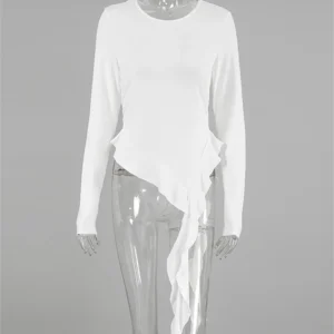 Tossy White Knit Slim T-shirt Pullover Female Ruffled Patchwork See-Through Long Sleeve Y2k Sexy Inner Top Women's Knitwear Tee