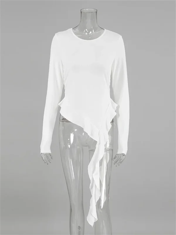 S14487f7afb62463eb46f289b30c92828b.webp Tossy White Knit Slim T-shirt Pullover Female Ruffled Patchwork See-Through Long Sleeve Y2k Sexy Inner Top Women's Knitwear Tee