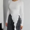 S161c455403e745eb89ab25cea007714cr.webp Tossy White Knit Slim T-shirt Pullover Female Ruffled Patchwork See-Through Long Sleeve Y2k Sexy Inner Top Women's Knitwear Tee