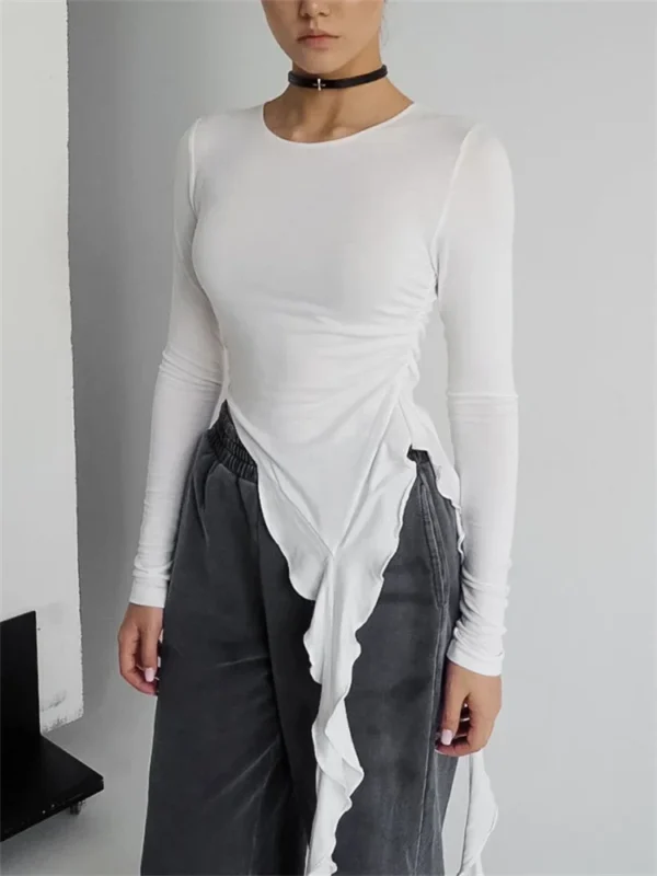 S161c455403e745eb89ab25cea007714cr.webp Tossy White Knit Slim T-shirt Pullover Female Ruffled Patchwork See-Through Long Sleeve Y2k Sexy Inner Top Women's Knitwear Tee