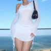 Solid Skew Collar Ruched Straps Lace-Up See Through Draw String Mini Dress 2025 Summer Women Party Clubwear