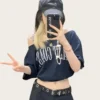 S1e1ae4bb2c2447439e310ee88cbdacc9A.webp American-Style Short-Sleeved T-Shirt for Women, Summer Design, Finterest Slimming, Loose, Retro Off-Shoulder Top