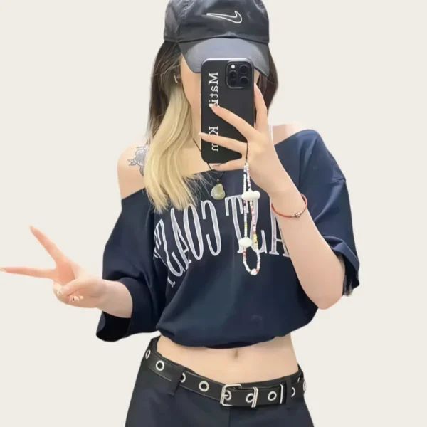 S1e1ae4bb2c2447439e310ee88cbdacc9A.webp American-Style Short-Sleeved T-Shirt for Women, Summer Design, Finterest Slimming, Loose, Retro Off-Shoulder Top