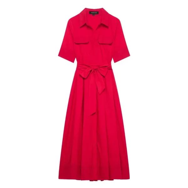 Slimming Independent Station Dress Strap Design Casual Polo Collar Ankle-Length Polyester Fiber Full Sleeve Women's Dress