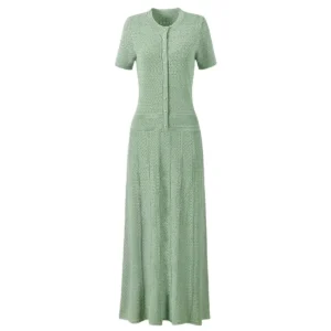 S243312596b1e466e8fe3372bfdaa2bfc5.webp High Quality Elastic Knitted New Fashionable Round Neck Short Sleeved Shiny Silk Pearl Button Slim Fit Temperament Women's Dress