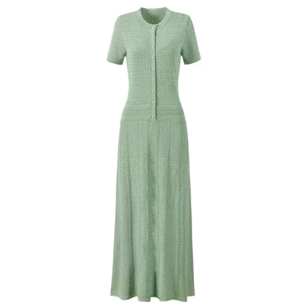 S243312596b1e466e8fe3372bfdaa2bfc5.webp High Quality Elastic Knitted New Fashionable Round Neck Short Sleeved Shiny Silk Pearl Button Slim Fit Temperament Women's Dress