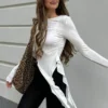 S293470fc56e245d199b99dcdd438eaebu.webp Tossy White Knit Slim T-shirt Pullover Female Ruffled Patchwork See-Through Long Sleeve Y2k Sexy Inner Top Women's Knitwear Tee