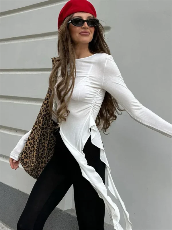 S293470fc56e245d199b99dcdd438eaebu.webp Tossy White Knit Slim T-shirt Pullover Female Ruffled Patchwork See-Through Long Sleeve Y2k Sexy Inner Top Women's Knitwear Tee