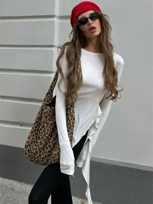 S2cde738b79474958bdaca47660a18c5do.webp Tossy White Knit Slim T-shirt Pullover Female Ruffled Patchwork See-Through Long Sleeve Y2k Sexy Inner Top Women's Knitwear Tee