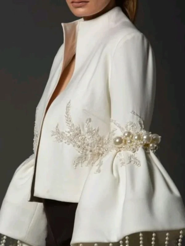 S4c5d74d6a6d64b3694febc70fcf7735be.webp Women Pearl Tassel Jacket Fashion Elegant Stand Collar Pearl Fringed Decor Embroidery Flare Sleeve Coat Autumn Winter Outwear