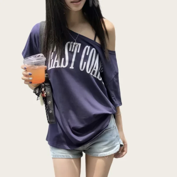 S583bf6abd3fa4b7784a8f9c6f5df220d0.webp American-Style Short-Sleeved T-Shirt for Women, Summer Design, Finterest Slimming, Loose, Retro Off-Shoulder Top