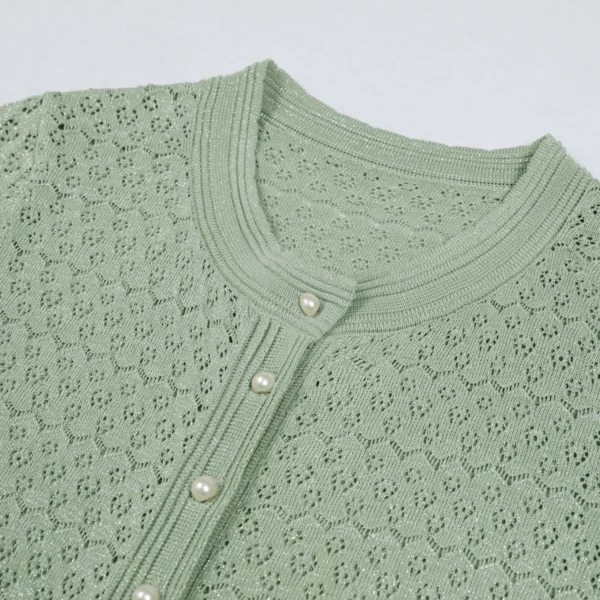 S628b3c3ab1a243d98fd684397fec388cq.webp High Quality Elastic Knitted New Fashionable Round Neck Short Sleeved Shiny Silk Pearl Button Slim Fit Temperament Women's Dress
