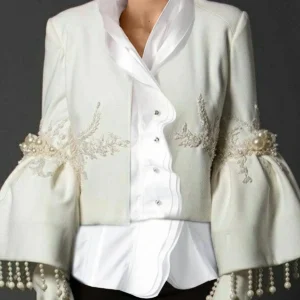 S6d656e31146542e292f71f43bcc7138a5.webp Women Pearl Tassel Jacket Fashion Elegant Stand Collar Pearl Fringed Decor Embroidery Flare Sleeve Coat Autumn Winter Outwear