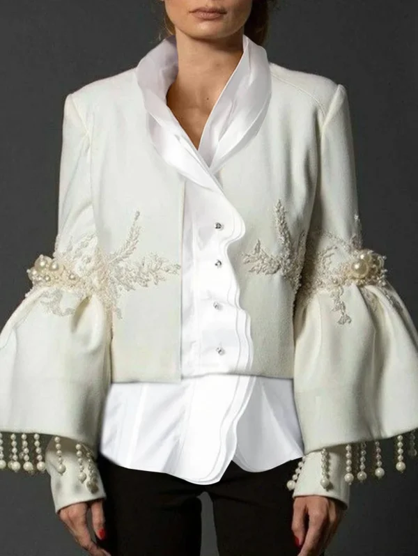 S6d656e31146542e292f71f43bcc7138a5.webp Women Pearl Tassel Jacket Fashion Elegant Stand Collar Pearl Fringed Decor Embroidery Flare Sleeve Coat Autumn Winter Outwear