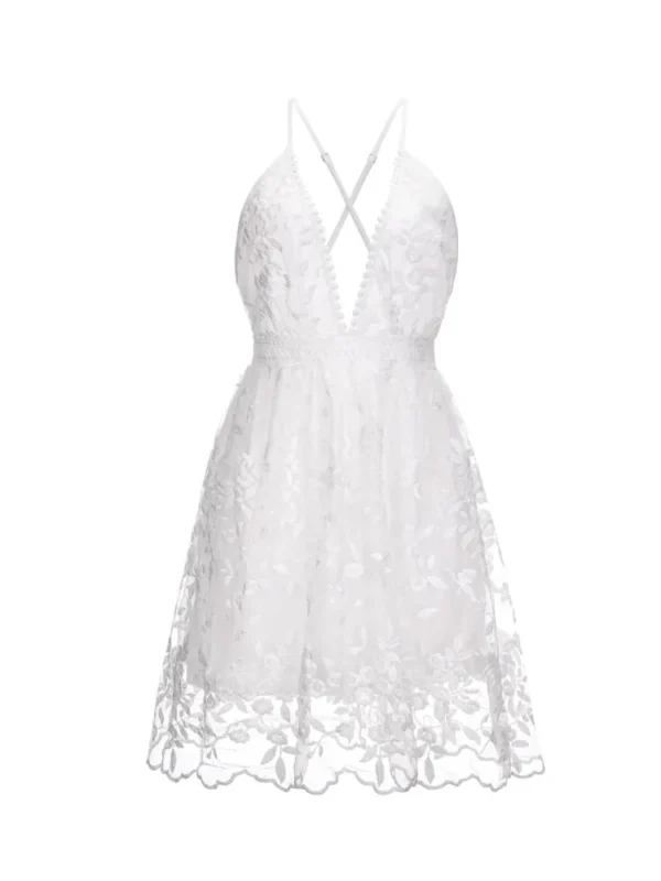 S75708eeedb6c407da92fc2f6a4c195e45.webp Fashion Sexy Spaghetti Strap White Dress Woman Summer Embroidery Mesh Lace Backless Beach Dress For Women New Casual Mini Dress
