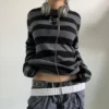 y2k Aesthetic T Shirt Women Grey Striped Long Sleeve Tops Gothic E Girl Punk Dark Academia Clothes Streetwear