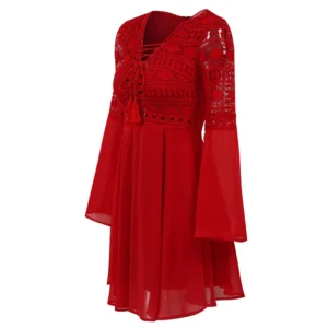 Women's A Line Dress Short Mini Dress Red Long Sleeve Solid Color Ruffle Patchwork Chiffon Spring Summer Slim V Neck