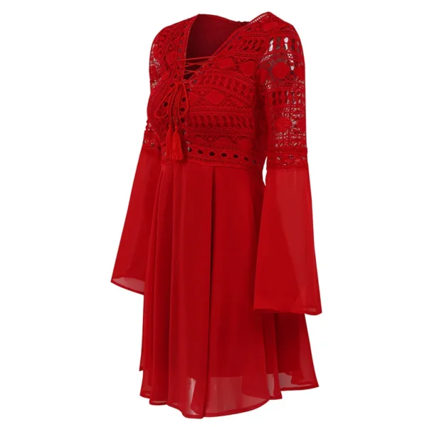 Women's A Line Dress Short Mini Dress Red Long Sleeve Solid Color Ruffle Patchwork Chiffon Spring Summer Slim V Neck