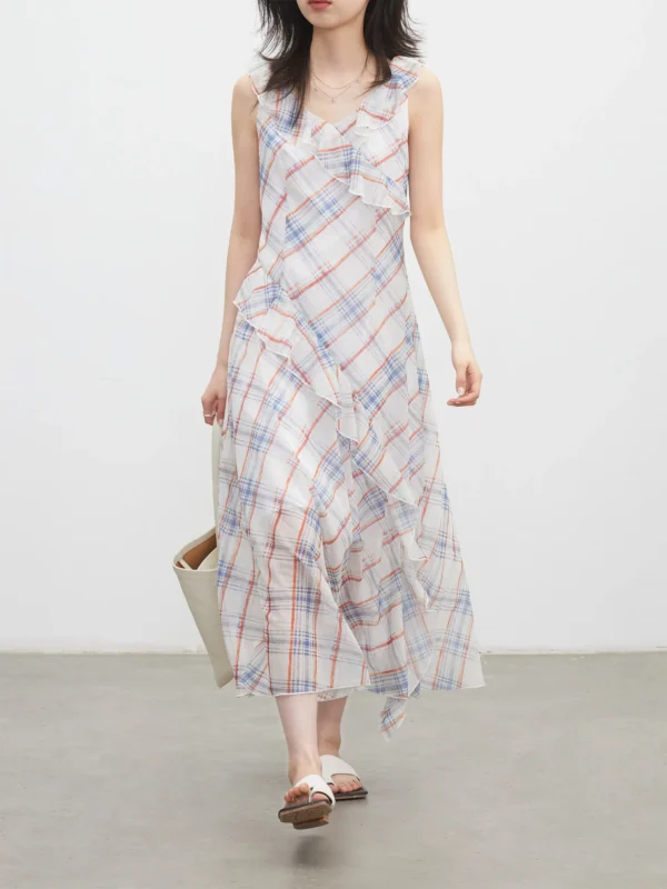 Sa2267ff222a941ac8f95555e011f6f85O.webp CHIC VEN Fashion Women Dresses A Line V Neck New Sleeveless Retro Suspender Plaid Irregular Ruffled Vacation Dress Summer 2026