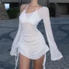 Solid Skew Collar Ruched Straps Lace-Up See Through Draw String Mini Dress 2025 Summer Women Party Clubwear