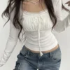 Bandage Folds Square Collar Crop Top Women Fairycore y2k White T Shirts Basic Knitted Elegant Tees Vintage 2000s Clothing