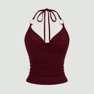 Sb4cc9713213247669877603c0bcec546d.webp Women's Sexy Drape V-Neck Metal Decor Slim Fit Backless Halter Neck Cami Top Casual Solid Color Back Tie-Strap Crop Top 2026