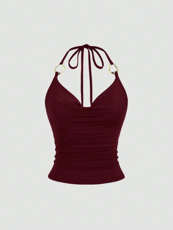 Sb4cc9713213247669877603c0bcec546d.webp Women's Sexy Drape V-Neck Metal Decor Slim Fit Backless Halter Neck Cami Top Casual Solid Color Back Tie-Strap Crop Top 2026