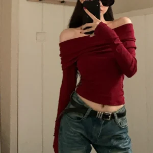 Women Off Shoulder Long Sleeve Knitted T-shirt Sexy Tops Solid Elegant Autumn Winter New Spicy Girl Slim Fit Short Red Crop Top