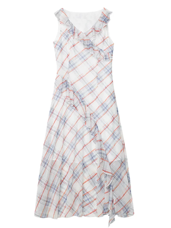 Sdc7efc5a48274fe9902f3455ea5faf2fP.webp CHIC VEN Fashion Women Dresses A Line V Neck New Sleeveless Retro Suspender Plaid Irregular Ruffled Vacation Dress Summer 2026