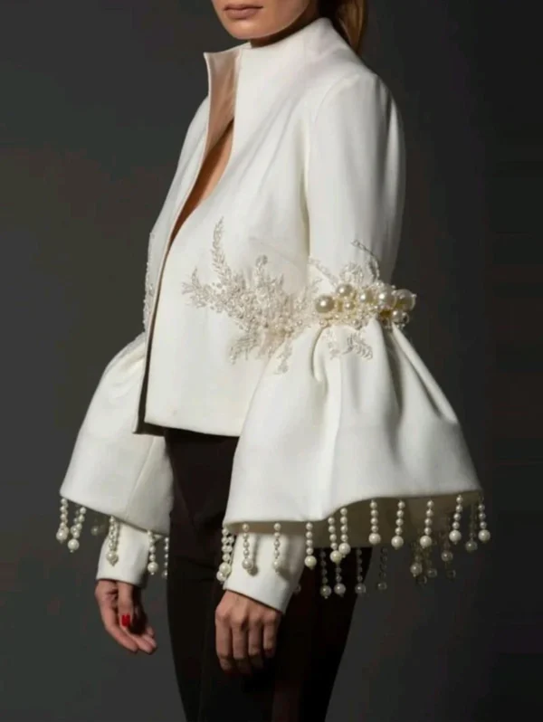 Sea4b25b773c94ce78847890725b2d41c3.webp Women Pearl Tassel Jacket Fashion Elegant Stand Collar Pearl Fringed Decor Embroidery Flare Sleeve Coat Autumn Winter Outwear