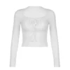 Bandage Folds Square Collar Crop Top Women Fairycore y2k White T Shirts Basic Knitted Elegant Tees Vintage 2000s Clothing