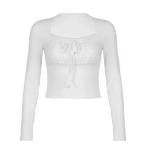 Seb9eb280aad24d0f8951867d3b361b86v.webp Bandage Folds Square Collar Crop Top Women Fairycore y2k White T Shirts Basic Knitted Elegant Tees Vintage 2000s Clothing