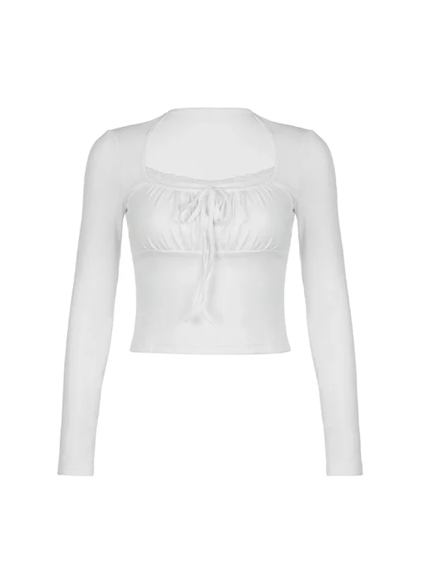 Bandage Folds Square Collar Crop Top Women Fairycore y2k White T Shirts Basic Knitted Elegant Tees Vintage 2000s Clothing