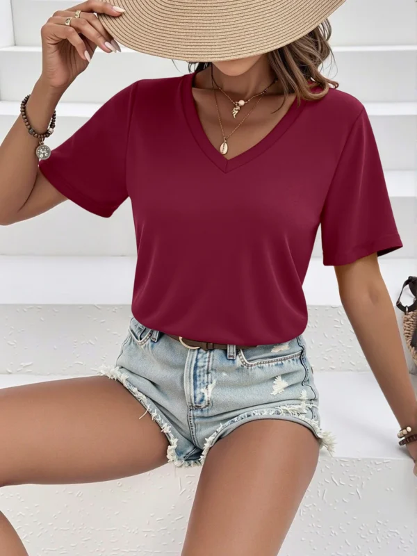 Sf6c31a0a95184303b69b41a8493dbea0l.webp Soft V Neck Short Sleeve T-Shirt, Breathable Stretchy Basic Tee for Women, Casual Summer Wardrobe Essential Blouse