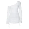Solid Skew Collar Ruched Straps Lace-Up See Through Draw String Mini Dress 2025 Summer Women Party Clubwear