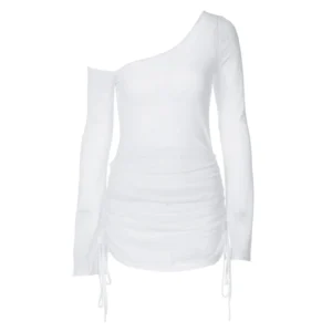 Sfb411326f3d14e799ec637981b039bdfM.webp Solid Skew Collar Ruched Straps Lace-Up See Through Draw String Mini Dress 2025 Summer Women Party Clubwear