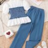 e1d89fd9-cdde-4da6-9af5-e6e05ceb6fed.jpg Girls' Spring & Summer Bubble Sleeve Collared Top and Wide-Leg Pants 2-Piece Set